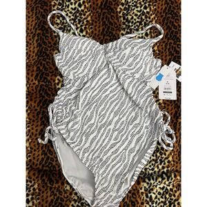 NWT White Black Stripe Swimsuit Hi Cut Sides Size S (4-6)  NEW Time & Tru One Pc
